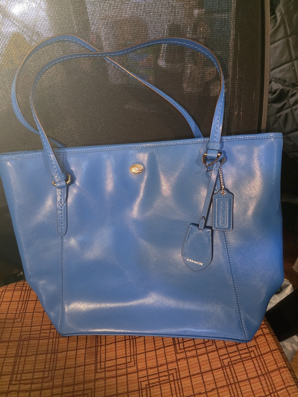 Coach Bright Blue Leather Tote with Signature Hangtag